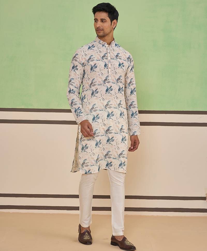Beige cotton silk plain kurta for men's