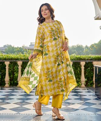  yellow floral and geometric a-line button yoke design kurta trouser dupatta set 2