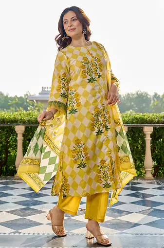  yellow floral and geometric a-line button yoke design kurta trouser dupatta set