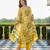 Yufta yellow floral and geometric a-line button yoke design kurta trouser dupatta set