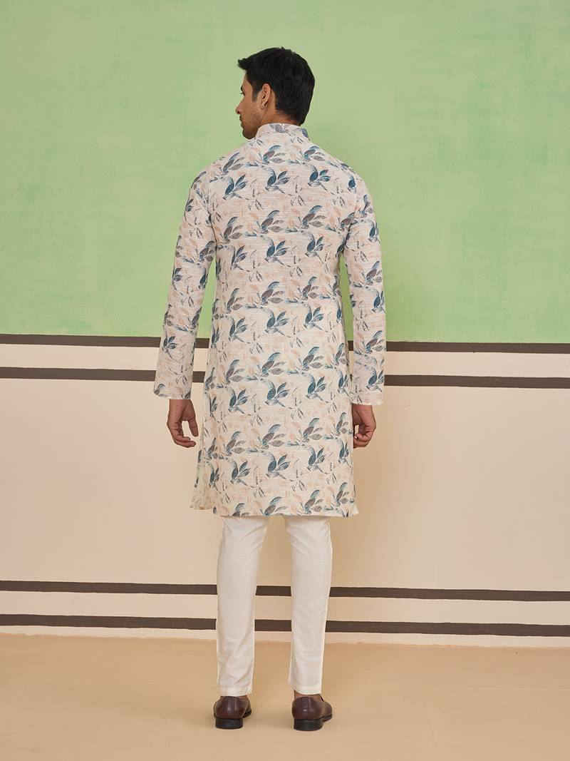 Beige cotton silk plain kurta for men's