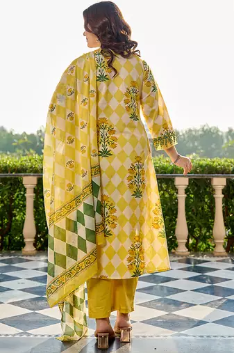  yellow floral and geometric a-line button yoke design kurta trouser dupatta set