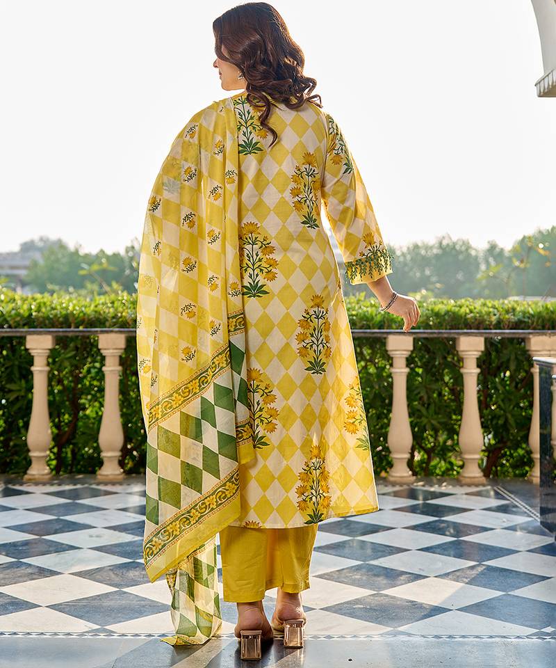 Yufta yellow floral and geometric a-line button yoke design kurta trouser dupatta set