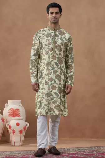 Beige cotton silk printed kurta for men's