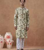 Beige cotton silk printed kurta for men's