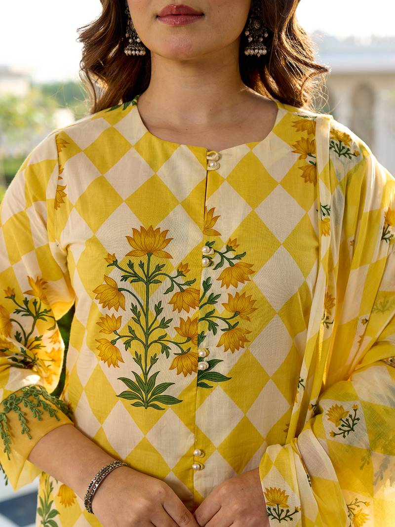 Yufta yellow floral and geometric a-line button yoke design kurta trouser dupatta set