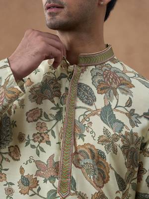 Beige cotton silk printed kurta for men's 2