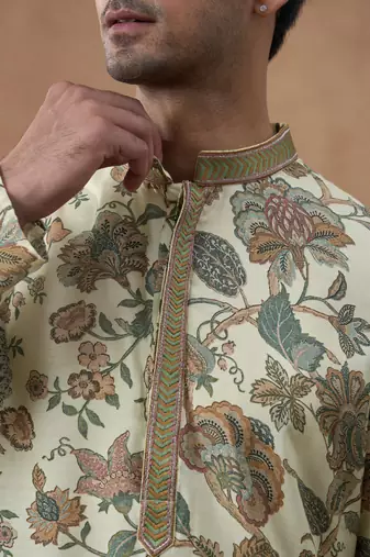 Beige cotton silk printed kurta for men's