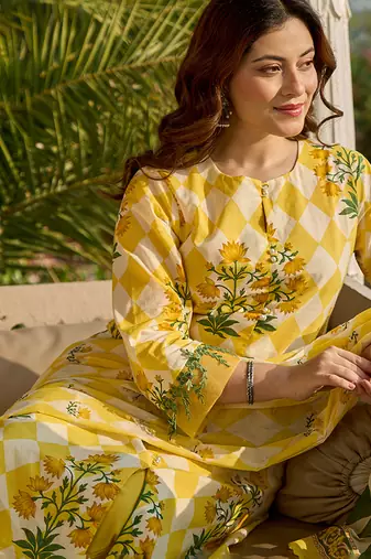  yellow floral and geometric a-line button yoke design kurta trouser dupatta set