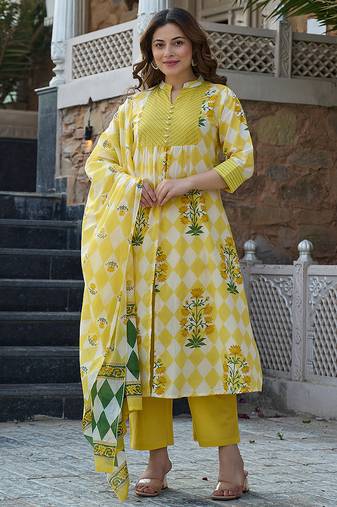 Yufta yellow floral and geometric a-line button yoke kurta trouser dupatta set