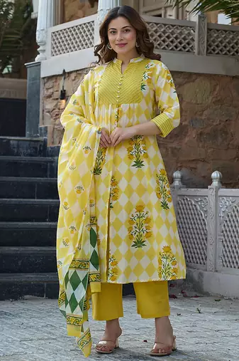 Yufta yellow floral and geometric a-line button yoke kurta trouser dupatta set