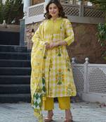 Yufta yellow floral and geometric a-line button yoke kurta trouser dupatta set