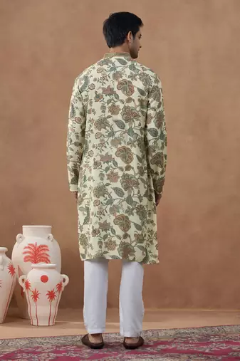 Beige cotton silk printed kurta for men's