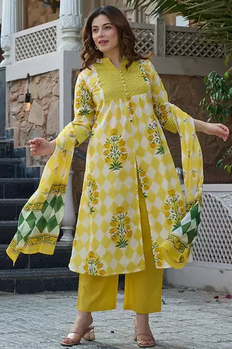  yellow floral and geometric a-line button yoke kurta trouser dupatta set