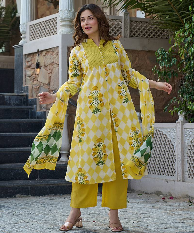 Yufta yellow floral and geometric a-line button yoke kurta trouser dupatta set