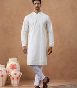 White cotton silk embroidered kurta for men's