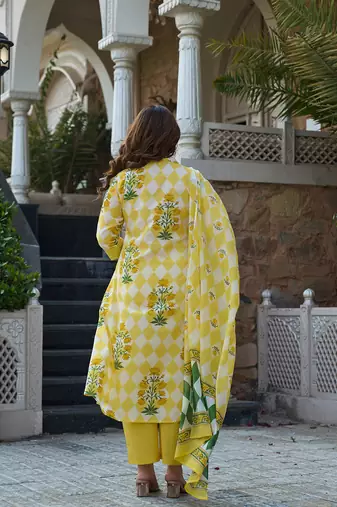  yellow floral and geometric a-line button yoke kurta trouser dupatta set