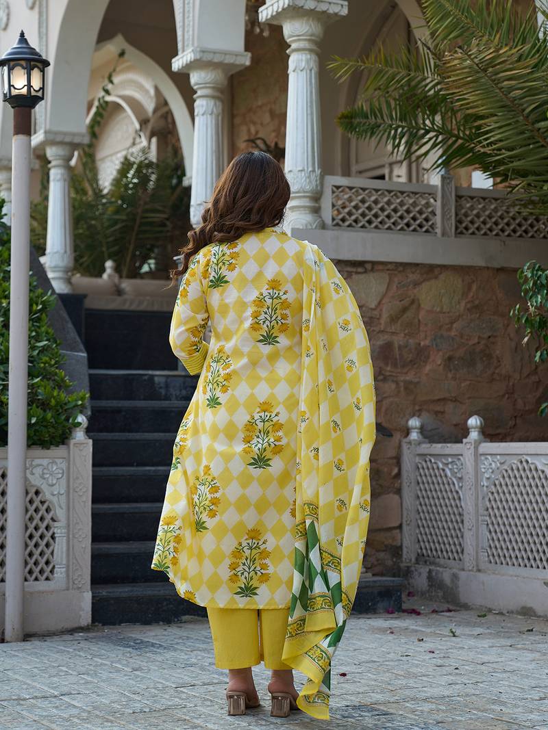 Yufta yellow floral and geometric a-line button yoke kurta trouser dupatta set