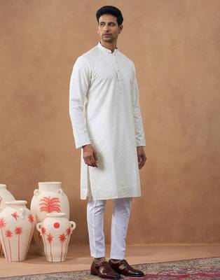 White cotton silk embroidered kurta for men's 3