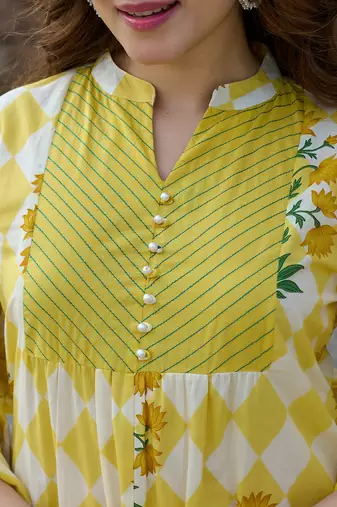  yellow floral and geometric a-line button yoke kurta trouser dupatta set
