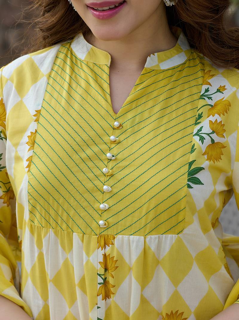 Yufta yellow floral and geometric a-line button yoke kurta trouser dupatta set