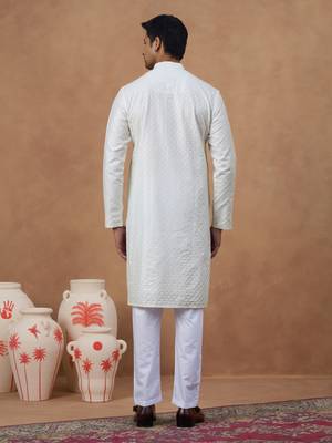 White cotton silk embroidered kurta for men's 4