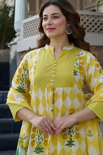  yellow floral and geometric a-line button yoke kurta trouser dupatta set