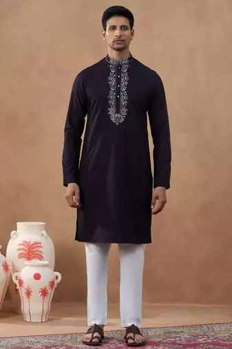 Brown cotton silk embroidered kurta for men's