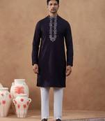 Brown cotton silk embroidered kurta for men's