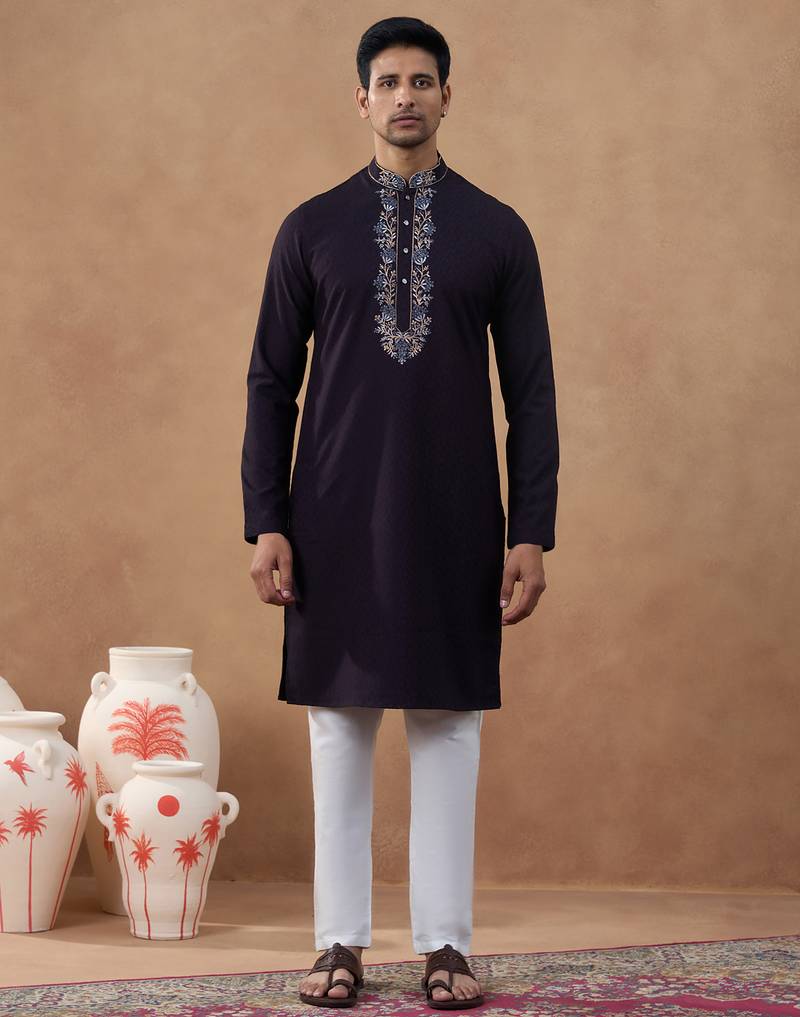 Brown cotton silk embroidered kurta for men's