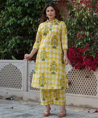  yellow floral and geometric straight button yoke kurta trouser set 1