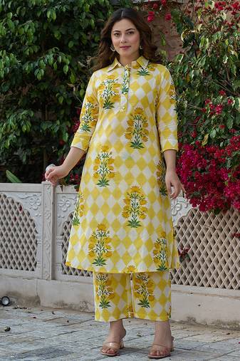 Yufta yellow floral and geometric straight button yoke kurta trouser set