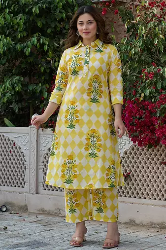 Yufta yellow floral and geometric straight button yoke kurta trouser set