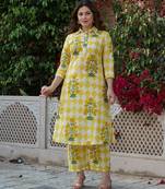 Yufta yellow floral and geometric straight button yoke kurta trouser set