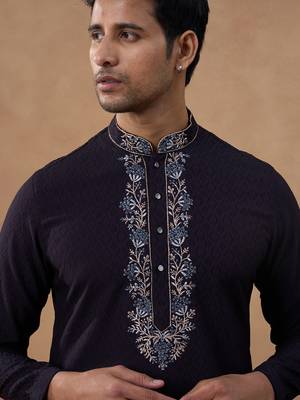 Brown cotton silk embroidered kurta for men's 2