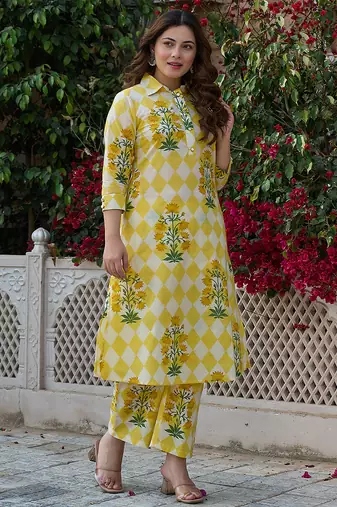  yellow floral and geometric straight button yoke kurta trouser set