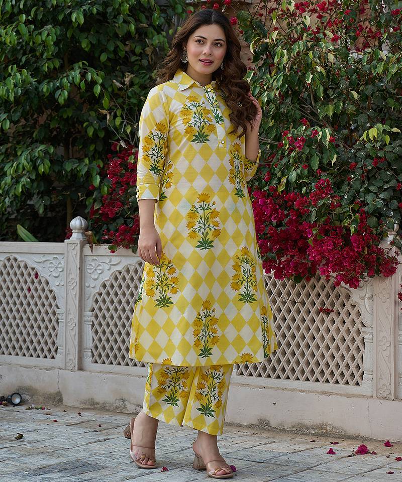 Yufta yellow floral and geometric straight button yoke kurta trouser set