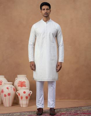 White cotton silk plain kurta for men's 1