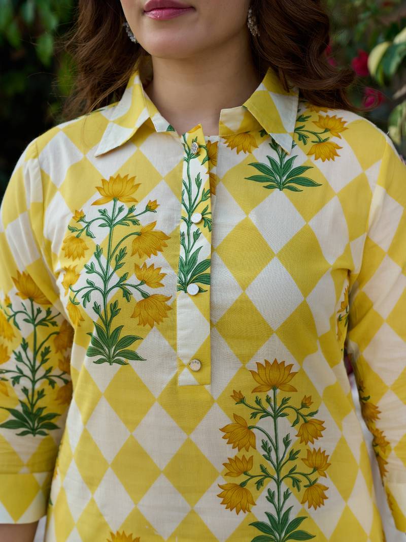 Yufta yellow floral and geometric straight button yoke kurta trouser set