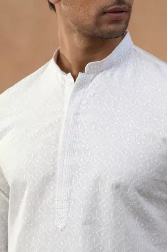White cotton silk plain kurta for men's