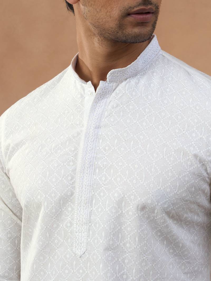 White cotton silk plain kurta for men's
