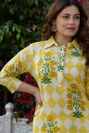  yellow floral and geometric straight button yoke kurta trouser set