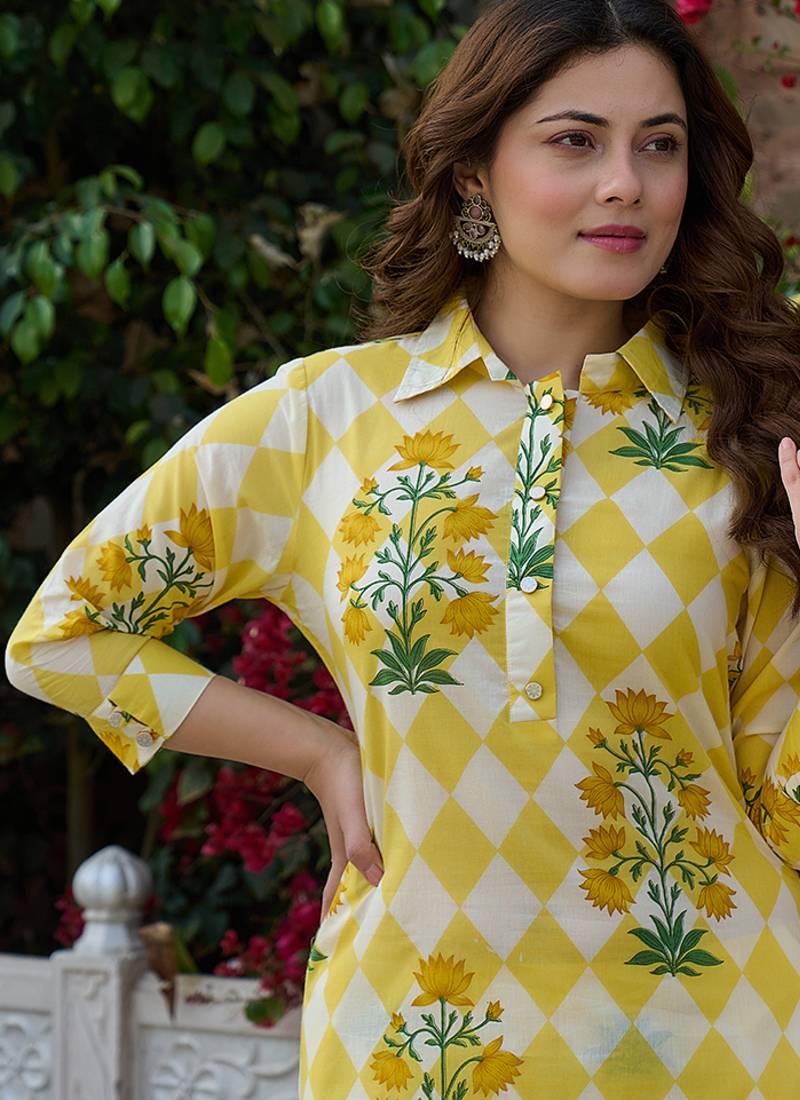 Yufta yellow floral and geometric straight button yoke kurta trouser set