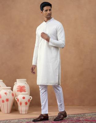 White cotton silk plain kurta for men's 3