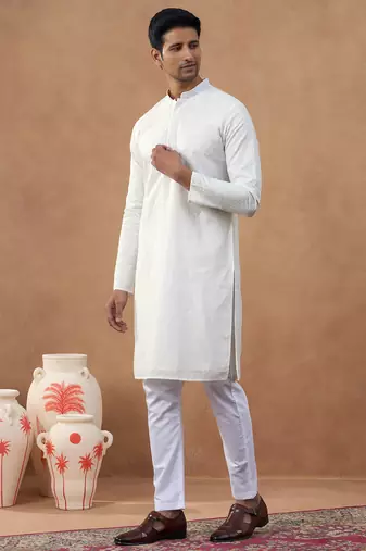White cotton silk plain kurta for men's