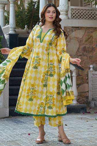 Yufta yellow floral and geometric anarkali lace-work kurta trouser dupatta set