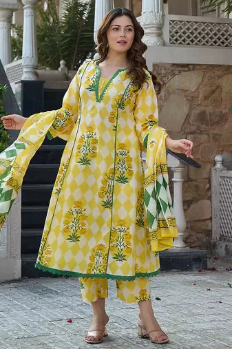 Yufta yellow floral and geometric anarkali lace-work kurta trouser dupatta set