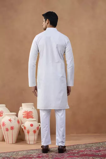 White cotton silk plain kurta for men's