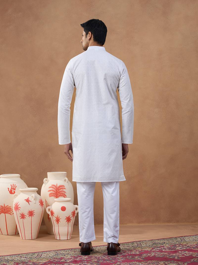 White cotton silk plain kurta for men's