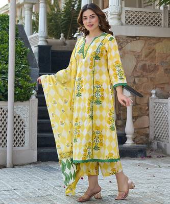  yellow floral and geometric anarkali lace-work kurta trouser dupatta set 2